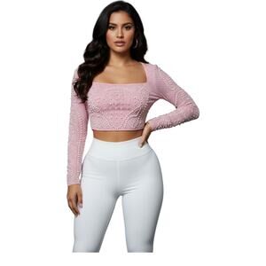 Windsor Crop Top L Pink Pearl & Rhinestone Long Sleeve Square Neck Sexy Clubwear